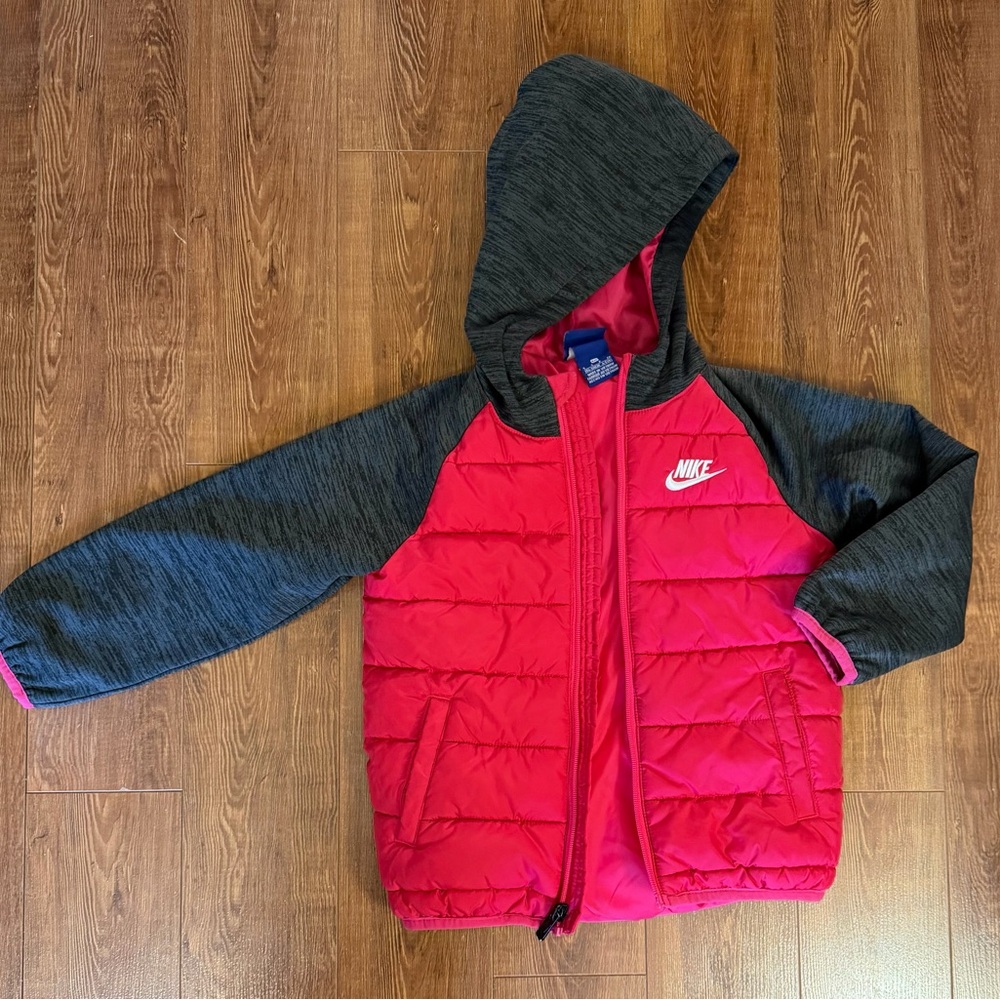 Girls Nike Hooded Coat - Size 5/S - Red, Black, Gray w/ Pink Trim - Zip Up